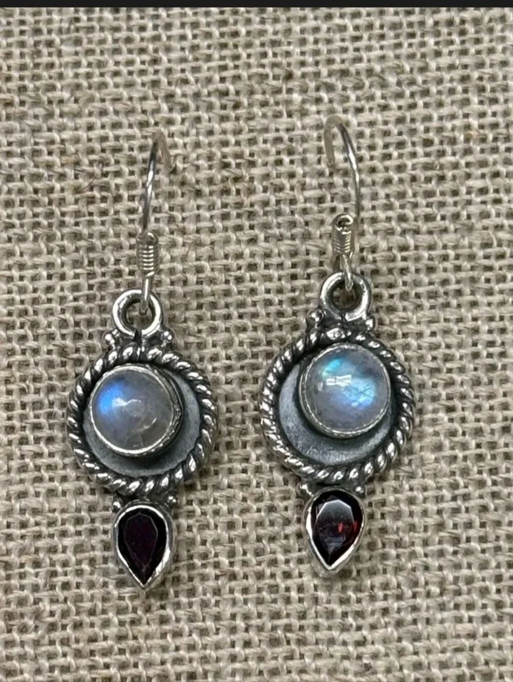Sterling Silver Artisan Sri Lankan Moonstone & Mozambique Garnet Earrings